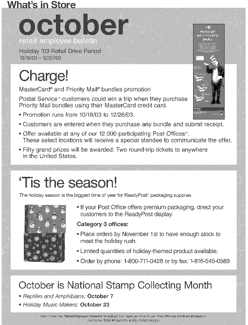 october retail employee bulletin. holiday '03 retail drive period 10/18/03-12/27/03. access the retail intranet site at http://retail.usps.gov.