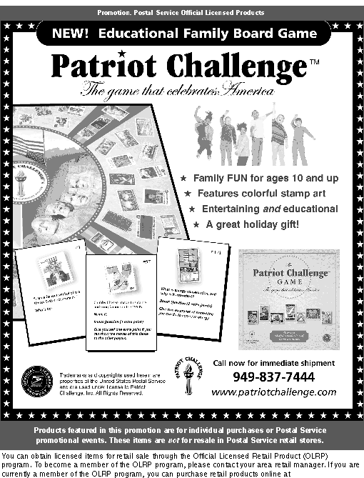 promotion - new. educational family board game. patriot challenge - the game that celebrates america. to order call 949-837-7444 or visit www.patriotchallenge.com.