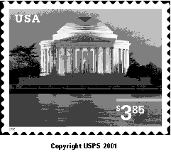 thomas jefferson memorial priority mail stamp - reprint variety. copyright usps 2001.