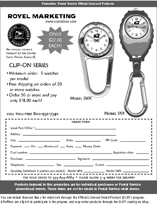 promotion - royel marketing. clip-on series - watches. call 800-952-7340 to order or fax 973-624-6664.