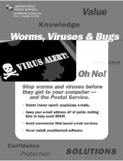 Worms, Viruses, and Bugs.Stop worms and viruses before they get to your computer and the Postal Service.Delete (never open!) suspicious e-mails.Keep your e-mail address off of public mailing lists to help avoid SPAM.Avoid 
commercial Web-based e-mail services.Never install unauthorized software.