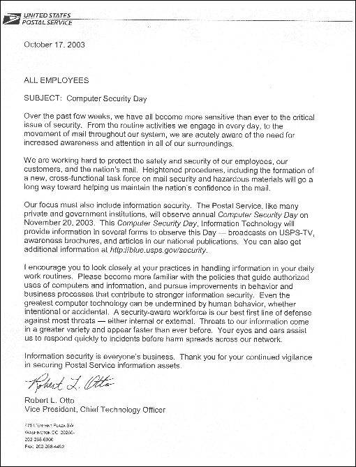 letter from vice president, chief technology officer, robert l. otto: computer security day.