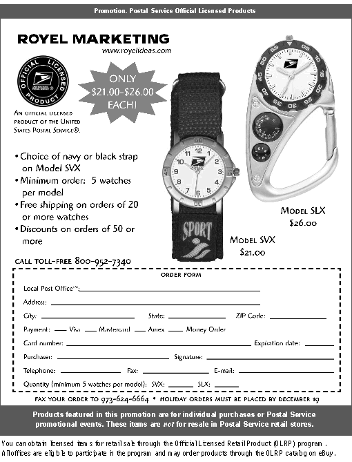 promotion - royel marketing @ www.royelideas.com. sport watches, only $21.00 - $26.00 each. to order, call 800-952-7340.