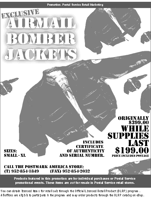 Promotion - Exclusive Air Mail Bomber Jackets while supplies last $199 call (952)854-1849