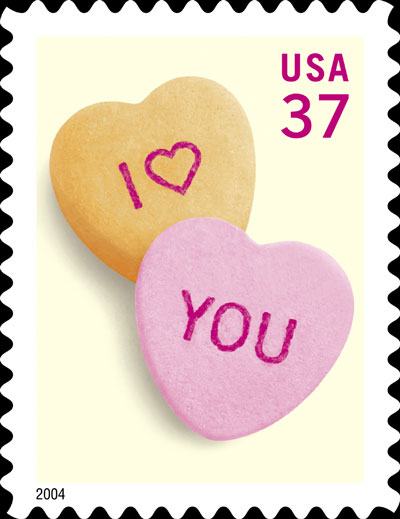stamp announcement 03-35: Love - Candy Hearts special stamp, copyright usps 2003.