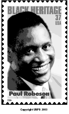 stamp announcement 03-36: Paul Robeson commemorative stamp, copyright usps 2003.