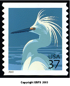 stamp announcement 03-33:  snowy egret definitive stamp. copyright usps 2003.