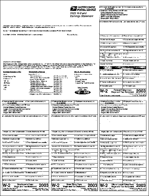 US Postal Service 2002 W-2 and Earnings Statement, page 1 of 2.