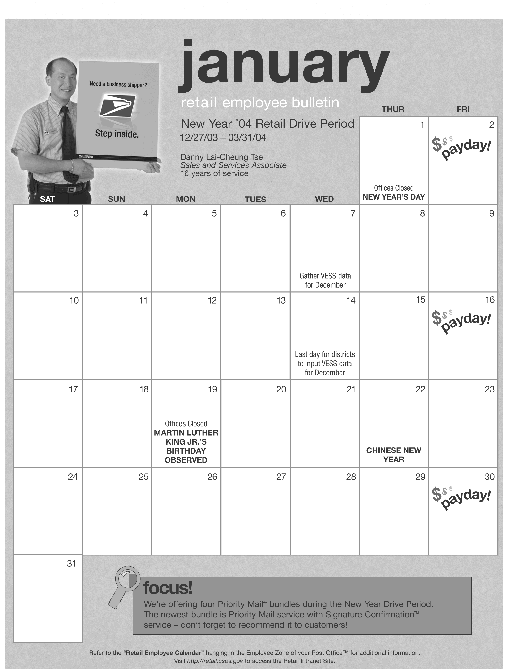 January retail employee bulletin. New Year '04 retail drive period 12/27/03-03/31/0. Access the retail intranet site at http://retail.usps.gov.