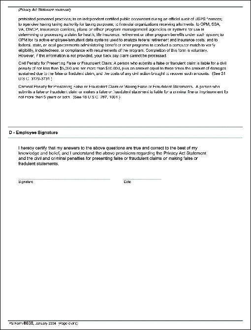PS form 8038, January 2004 (page 6 og 6). Employee statement to recover back pay.