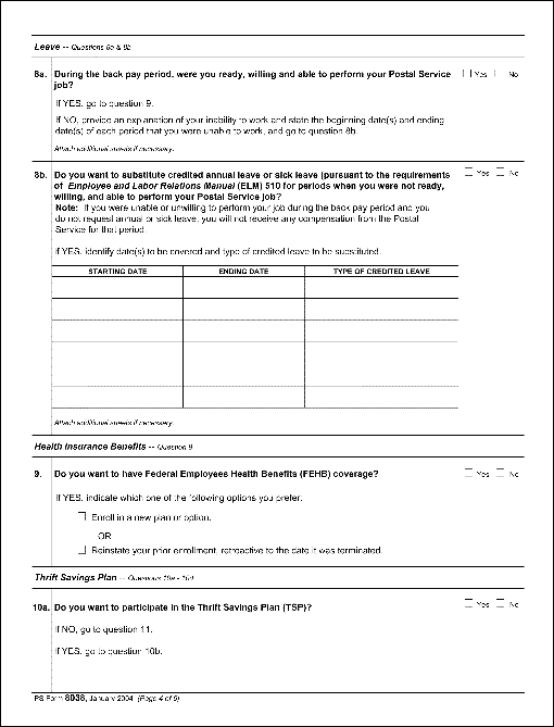 PS form 8038, January 2004 (page 4 og 6). Employee statement to recover back pay.
