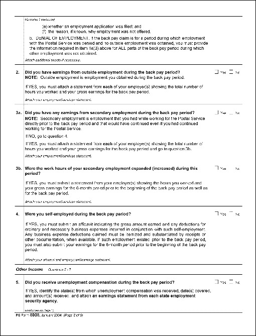 PS form 8038, January 2004 (page 2 og 6). Employee statement to recover back pay.