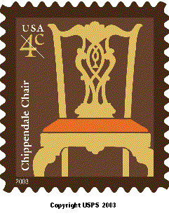 Stamp Announcement 04-03:  Chippendale chair definitive stamp. Copyright usps 2003.
