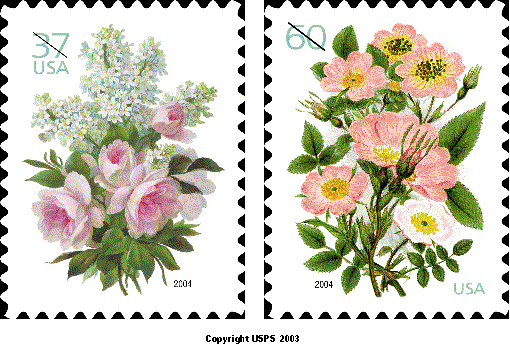 Stamp Announcement 04-02: Garden Blossoms (weddings) Commemorative Stamp. Copyright usps 2003.