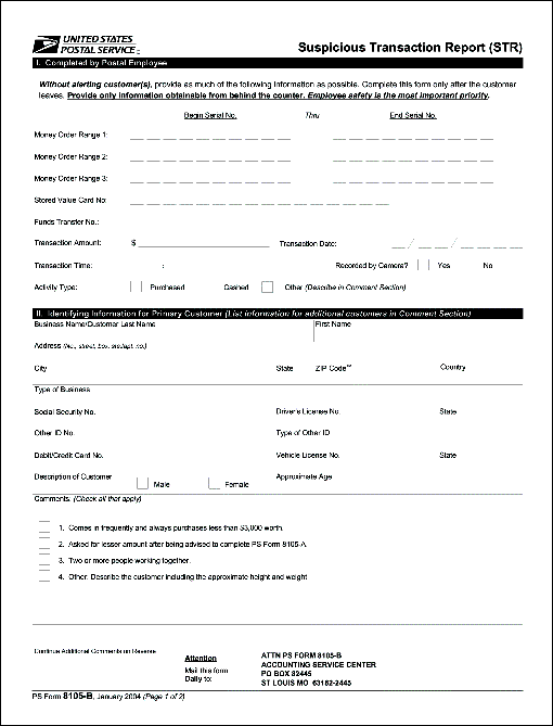ps form 8105-B, January 2004, page 1 of 2, suspicious transaction report (str)