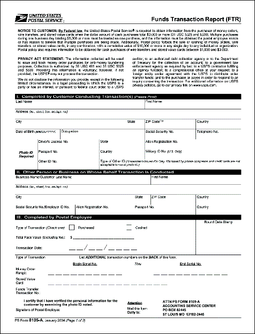 ps form 8105-A, January 2004, page 1 of 2, funds transaction report (ftr)
