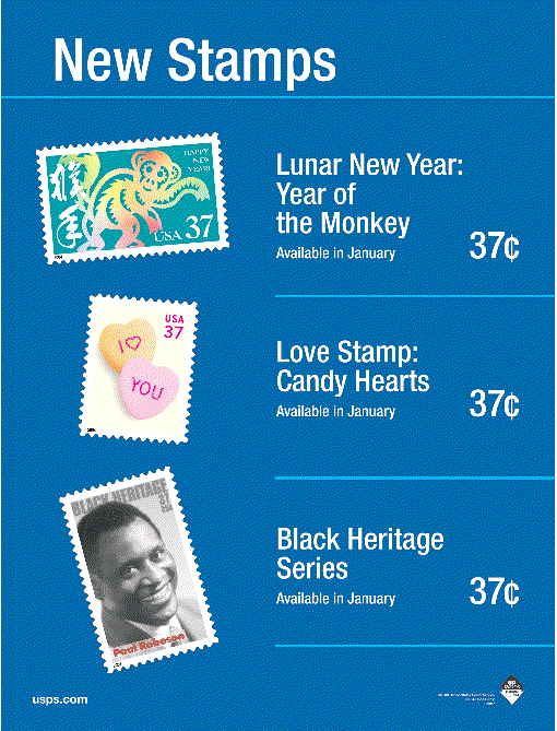 New Stamps. Lunar New Year, love stamp, black heritage series. visit usps.com.