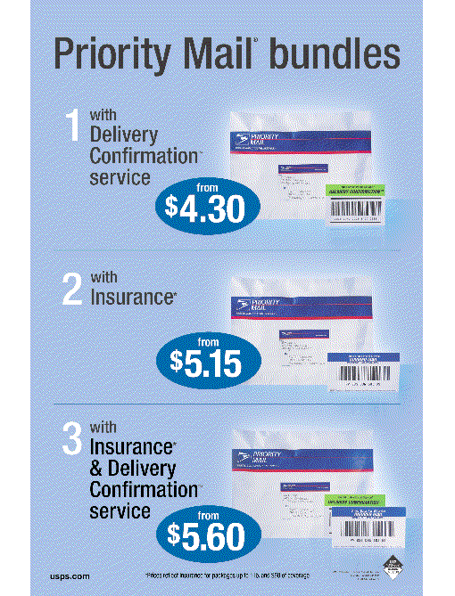 Priority mail bundles. 1 With delivery confirmation service from $4.30, 2 With insurance from $5.15, and 3 With insurance & delivery confirmation service from $5.60. Visit usps.com for more information.