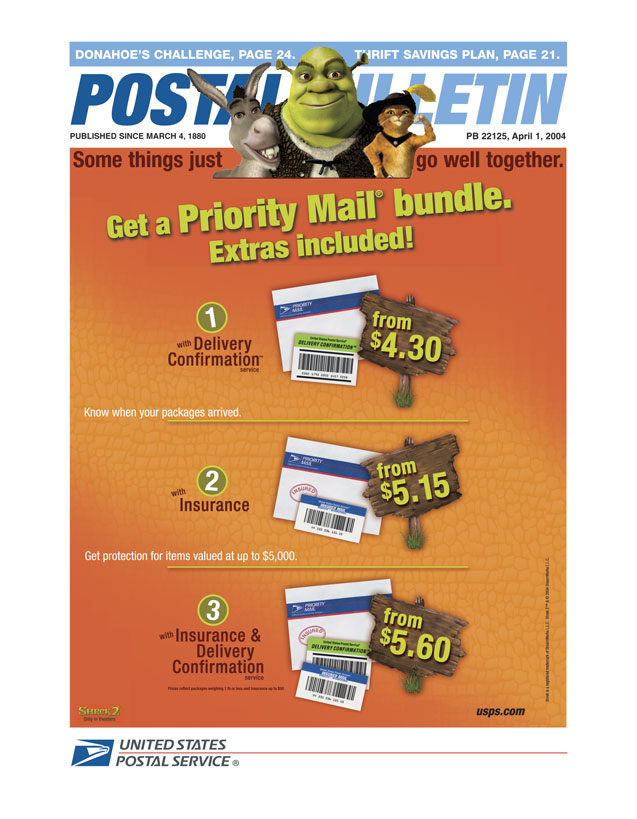 Postal Bulletin 22125, April 1, 2004. Priority Mail  -Somethings just go well together - Image of the characters from the movie Shrek 