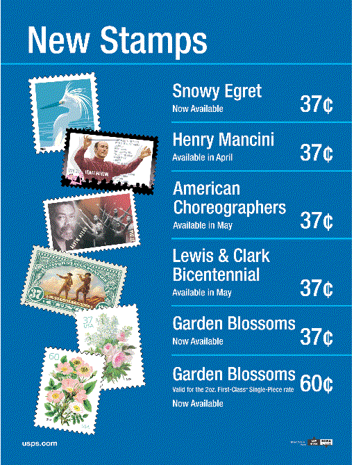 Images of new stamps: Snowy Egret, Garden Blossoms, Henry Mancini, American Choreographers, and Lewis & Clark bicentennial. Visit usps.com.