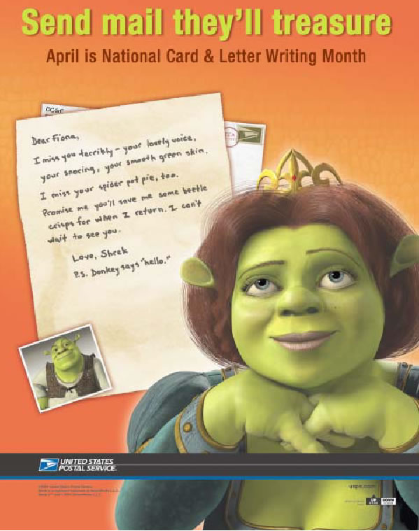 Image of character Fiona reading love letter from Shrek. Send mail they'll treasure. April is national card and letter writing month. Visit usps.com.