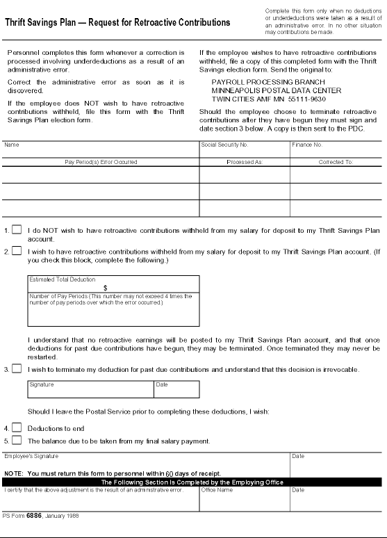 PS form 6886, January 1988: Thrift Savings Plan - request for retroactive contributions.