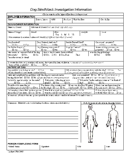Dog Bite/Attack Investigation information form, updated February 2003.