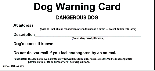 PS form 1778, July 1986. Dog warning card.