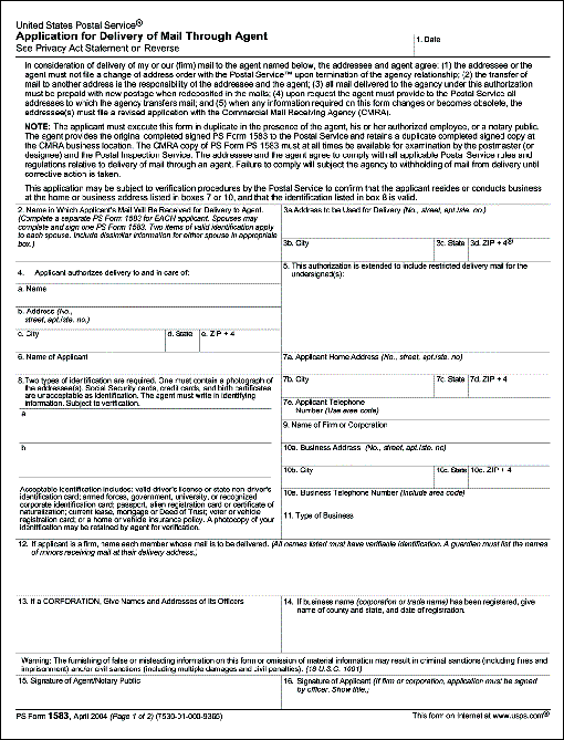 PS Form 1583, April 2004. Application for Delivery of Mail Through Agent (1 of 2 pages).