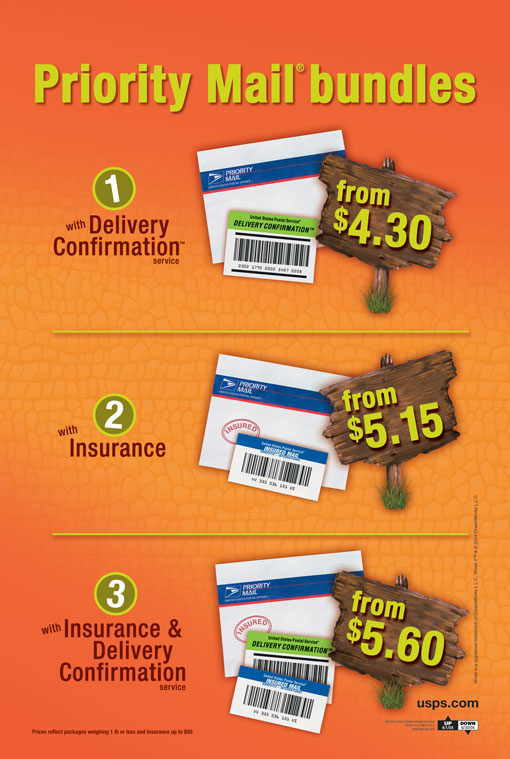 priority mail bundles. 1) with delivery confirmation from $4.30. 2) with insurance from $5.15. 3) with insurance and delivery confirmation from $5.60. visit usps.com.