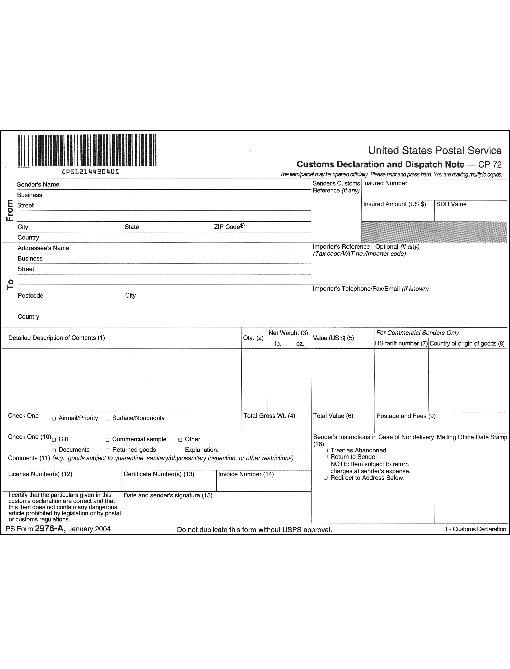 PS Form 2976-A, January 2004:  Customs Declaration and Dispatch Note - CP 72.