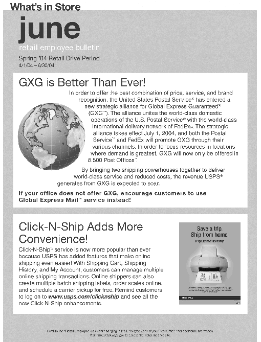 June retail employee bulletin. Spring '04 retail drive period 4/1/04-6/30/04. GXG is better than ever. Click-n-ship adds more convenience. access the retail intranet site at http://retail.usps.gov.