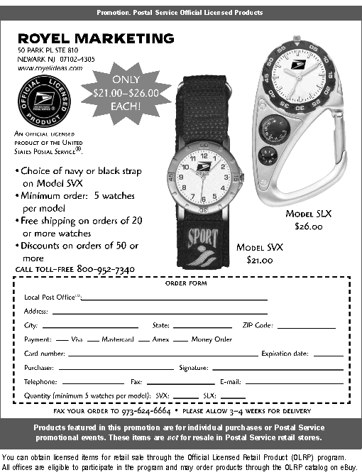 royel marketing. watches - $21.00-$26.00 each. call 800-952-7340, fax to 973-624-6664, or visit www.royelideas.com.