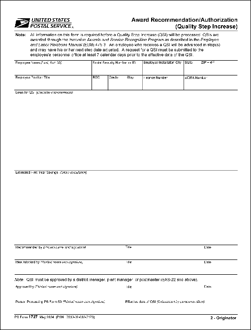PS Form 1727, May 2004. Award Recommendation/Authorization (Quality Step Increase) page 2 of 3.