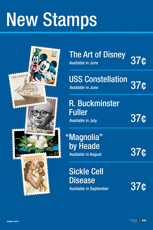 5 New 37 cent Stamps:Art of Disney, USS Constellation, R Buckminsterfuller, Magnolia and Sickel Cell Disease