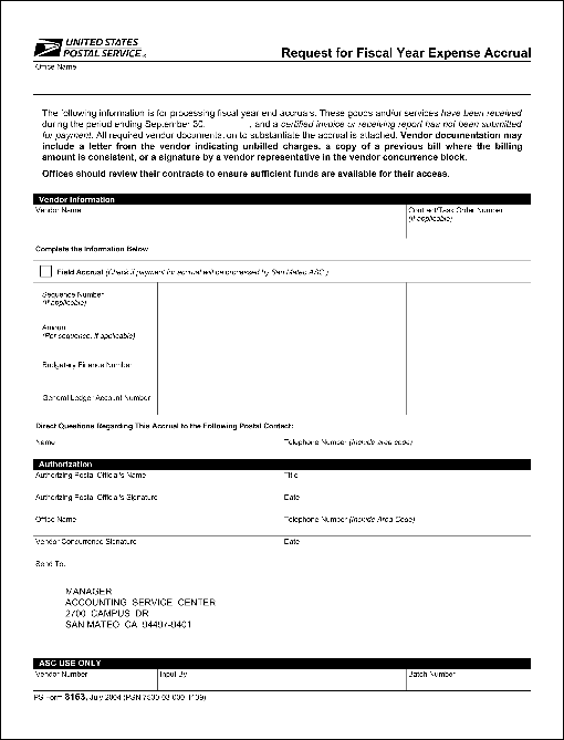 PS Form 8163, July 2004 (PSN 7530-03-000-1139) Request for fiscal Year Expense Accrual.