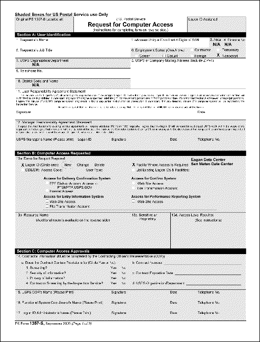 PS Form 1357-S, September 2003 (page 1 of 2). USPS Request for Computer Access.