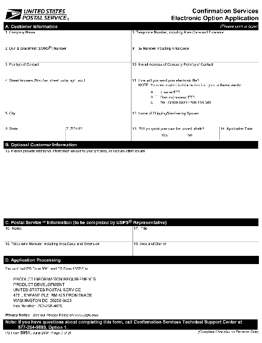 PS Form 5051, June 2004 (page 1 of 2). Confirmation Services Electronic Option Application.