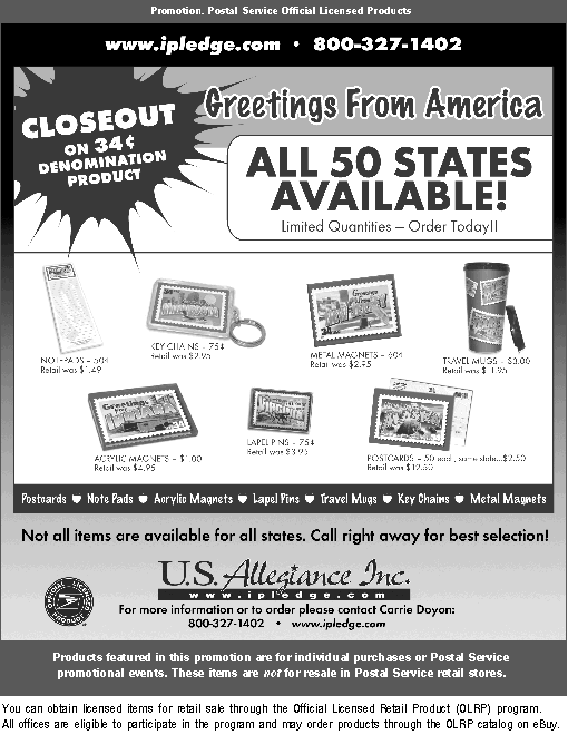 Greetings from America. Closeout on 34 cent denomination product. All 50 states available. Call 800-327-1402 or visit www.ipledge.com.
