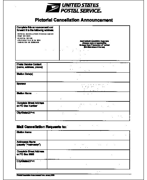 Pictorial cancellation announcement form, January 2000.