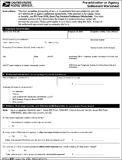 PS Form 8041, August 2004: Pre-arbitration or Agency Settlement Worksheet (page 1 of 2).