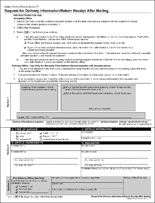 PS Form 3811-A, Requst for Delivery Information/Return Receipt After Mailing, September 2004.
