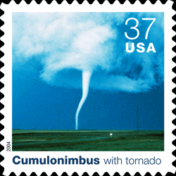 Individual stamp background, Cumulonimbus with tornado, followed by text that identifies and describes thet particular could type.