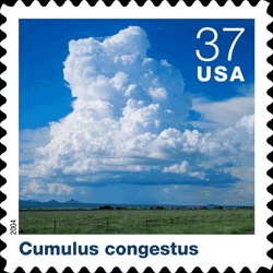 Individual stamp background, Cumulus congestus, followed by text that identifies and describes thet particular could type.