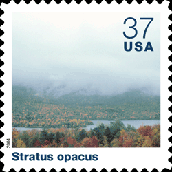 Individual stamp background, Stratus opacus, followed by text that identifies and describes thet particular could type.