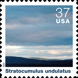Individual stamp background, Stratocumulus undulatus, followed by text that identifies and describes thet particular could type.