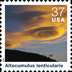 Individual stamp background, Altocumulus lenticularis, followed by text that identifies and describes thet particular could type.