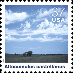 Individual stamp background, Altocumulus castellanus, followed by text that identifies and describes thet particular could type.
