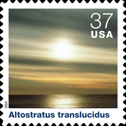 Individual stamp background, Altostratus translucidus, followed by text that identifies and describes thet particular could type.
