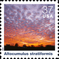 Individual stamp background, Altocumulus stratiformis, followed by text that identifies and describes thet particular could type.